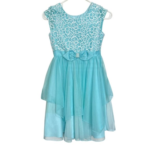 Jona Michelle Girls Sleeveless Lace & Tulle Dress With Bow Detail Size 10 Aqua B - Picture 1 of 5